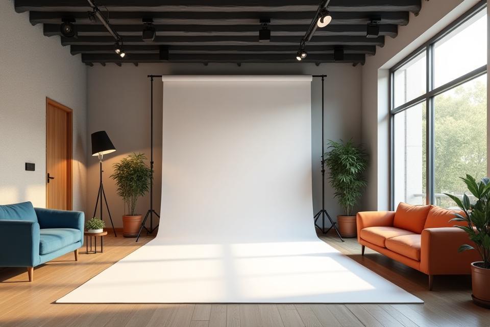 Modern, welcoming photography studio interior with photo backdrops and equipment